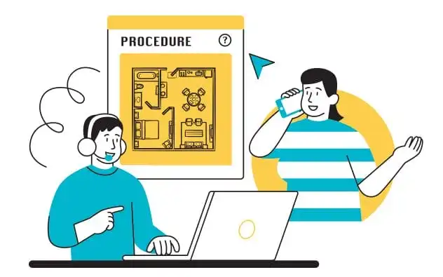 Illustration of two people collaborating on a floor plan, with one person working on a laptop and another talking on the phone, and a simple floor plan displayed on a screen labeled “Procedure.”
