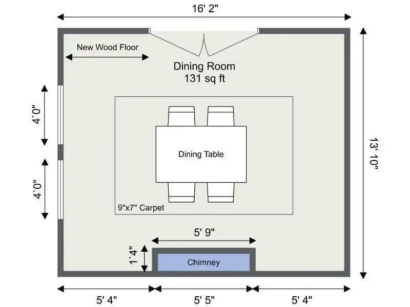 2D dining room floor plan with dimensions, showing a centered dining table on a 9'×7' rug, a chimney along one wall, new wood flooring, and room size labeled as 131 square feet.