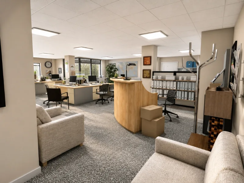 Dunder Mifflin’s reception area and open office, featuring the curved front desk, employee workstations, filing shelves, waiting chairs, coat rack, and stacked boxes.
