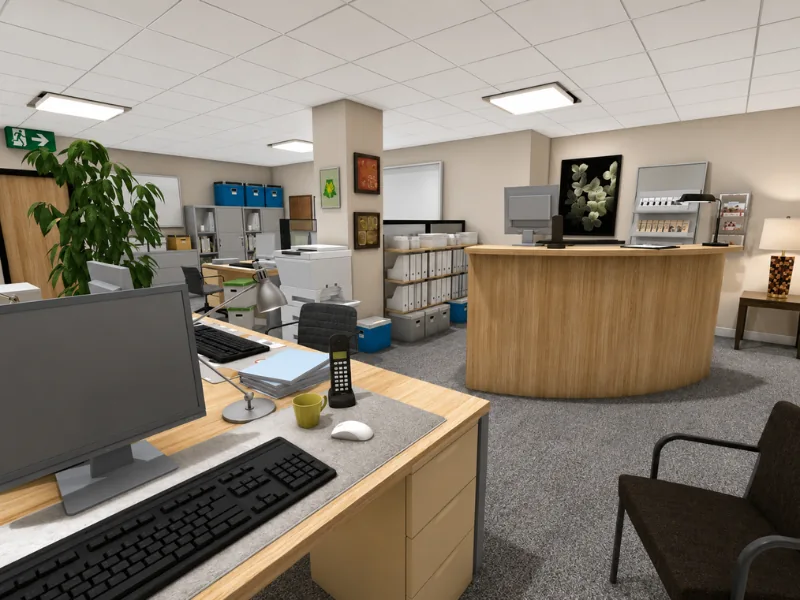 Pam Beesly’s reception desk at Dunder Mifflin, with the curved wood counter, office equipment, nearby workstations, filing shelves, plants, and guest seating.