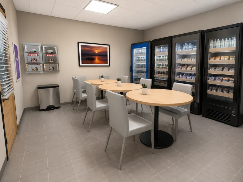Dunder Mifflin’s break room with round tables and chairs, snack and drink vending machines, newspaper racks, framed wall art, and a trash can.