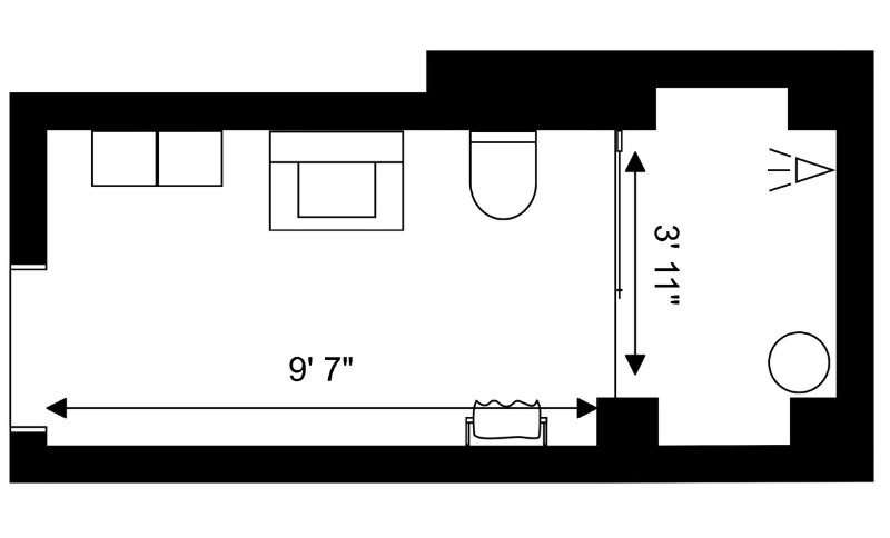 2D floor plan of a narrow bathroom measuring about 9 feet 7 inches long by 3 feet 11 inches wide, showing a sink, toilet, and shower arranged in a linear layout.