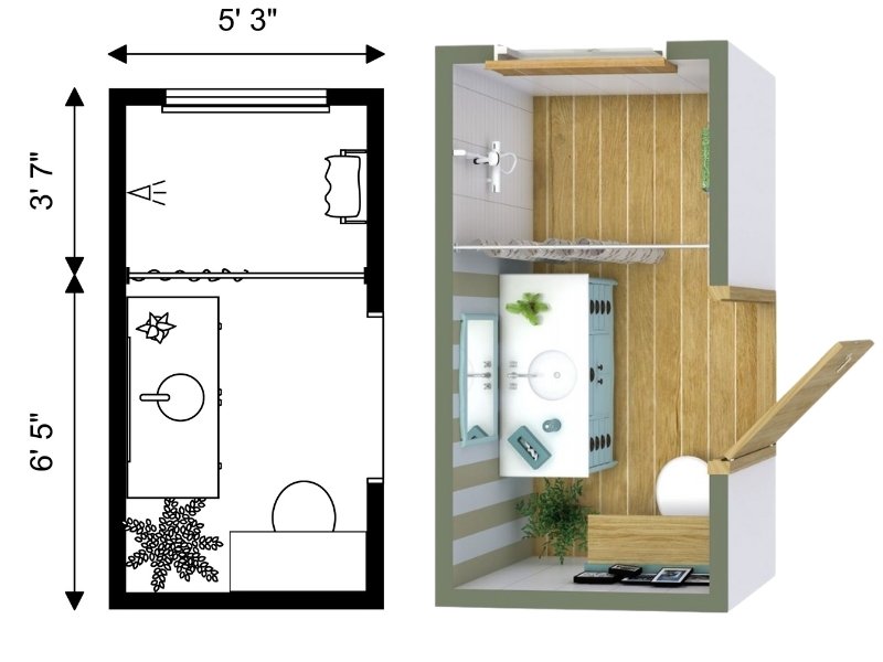 Narrow bathroom floor plan measuring 5’3” by 6’5” with a vanity and sink, toilet, and walk-in shower. Shown as both a black-and-white 2D plan and a 3D rendering with wood flooring, white walls, and modern fixtures.
