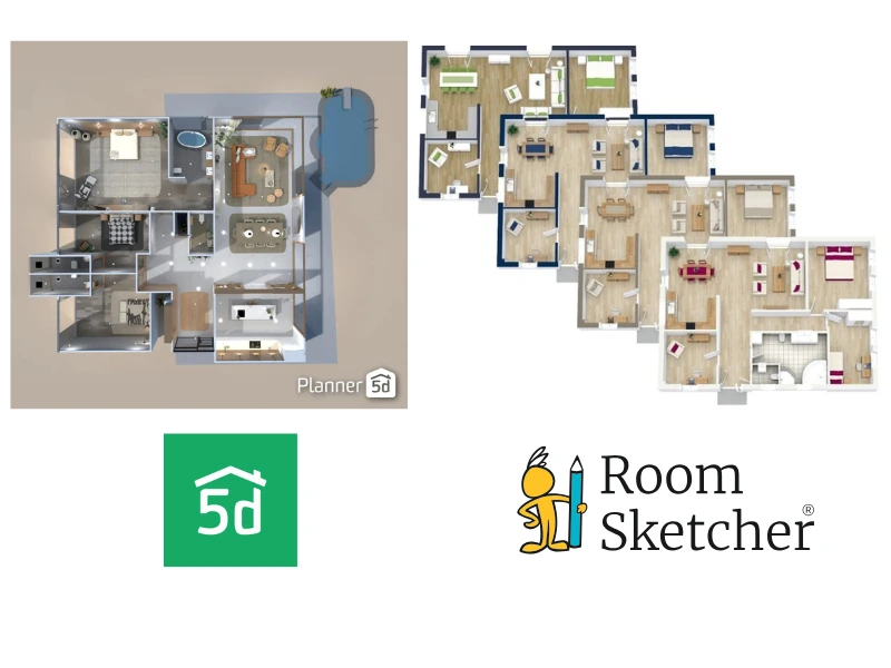Planner 5D vs RoomSketcher. The image shows a comparison between the two floor plan software tools' 3D floor plans. On the left side of the image is a 3D floor plan made with Planner 5D. The floor plan is of a 3-bedroom house seen from above. Below the floor plan is the Planner 5D logo. On the right side of the image is a selection of 3D floor plans made with RoomSketcher. They showcase the different types of branding users can make with RoomSketcher. Below the floor plans is the RoomSketcher logo.