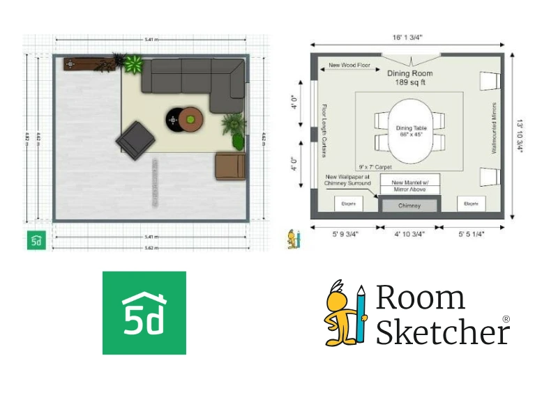 Planner 5D vs RoomSketcher. The image shows the two floor plan software tools' measurement placement for floor plans. On the left side of the image is the Planner 5D 2D floor plan with measurements. Below the floor plan is the Planner 5D logo. On the right side of the image is a floor plan made with RoomSketcher showing a 2D floor plan with measurements, both inside the floor plan with total sq ft measurement as well as outside measurements of the walls. Below the floor plan is the RoomSketcher logo.