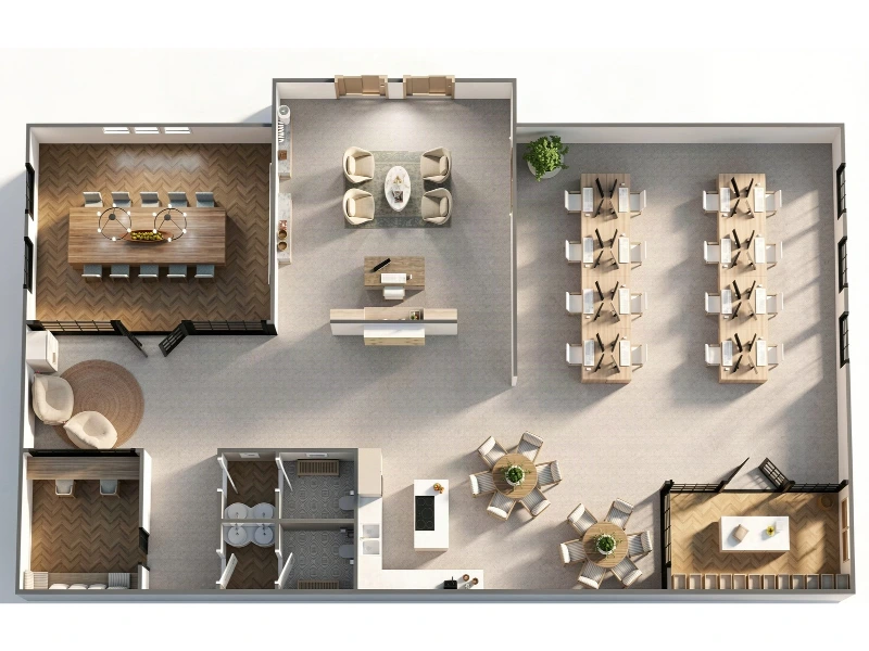 3D office floor plan with open workstations, a conference room, reception desk, lounge seating, restrooms, and a kitchen with dining tables.