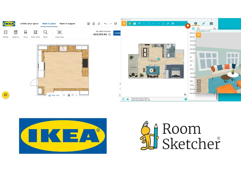 IKEA vs RoomSketcher. The image shows the difference between an IKEA room planner user interface and the RoomSketcher user interface. On the left side of the image is the IKEA user interface. It shows a 2D floor plan of a kitchen. Under the user interface is the IKEA logo. On the right side of the image is the RoomSketcher user interface. It shows a split view of a 2D floor plan of an apartment as well as a Live 3D view of the same floor plan. Below the user interface is the RoomSketcher logo.