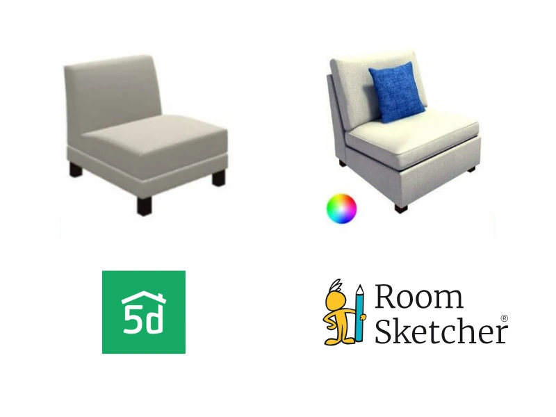 Planner 5D vs RoomSketcher. The image shows a comparison between the two floor plan software tools' furniture and materials. On the left side of the image is an image of a plain white chair from the Planner 5D's furniture library. Below the chair is the Planner 5D logo. On the right side of the image is a picture of a white chair with a blue pillow. Next to the chair is a color wheel demonstrating that you can change colors of the furniture. Below the chair is the RoomSketcher logo.