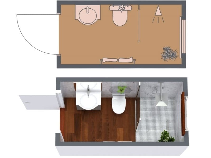 2D and 3D floor plan of a narrow bathroom layout with the door opening to a sink on the left, a toilet in the center, and a walk-in shower at the far end. The 3D view shows wood flooring in the main area, tiled shower floor, and green plants for decoration.