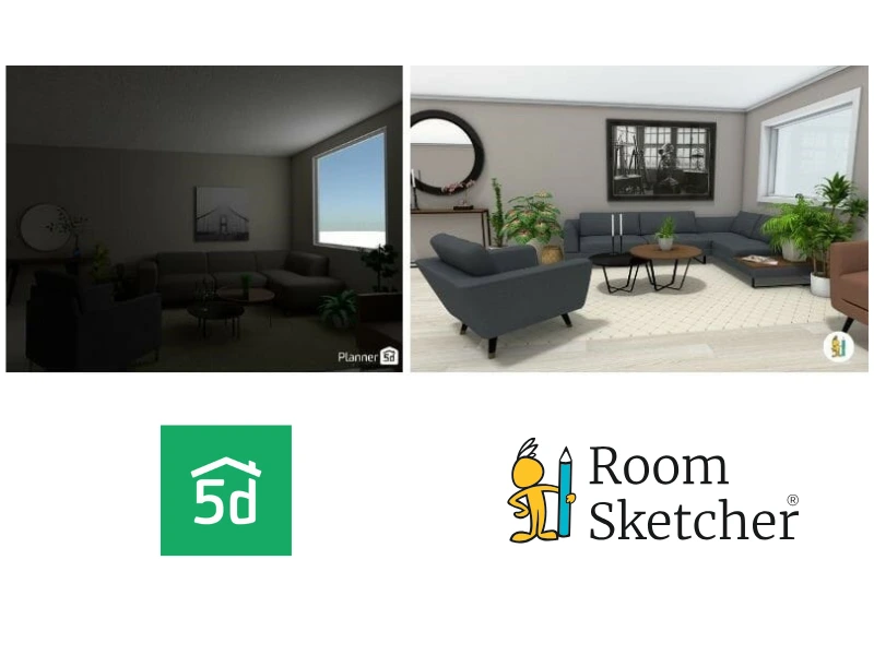 Planner 5D vs RoomSketcher. The image compares the two floor plan software tools' 3D Photos. On the left side is a 3D photo made with Planner 5D. The image is dark due to the lack of lighting added in the room. Below the floor plan is the Planner 5D logo. On the right side of the image is a 3D Photo made with RoomSketcher, it's bright since the software does not require users to add lighting in floor plans. Below the image is the RoomSketcher logo.