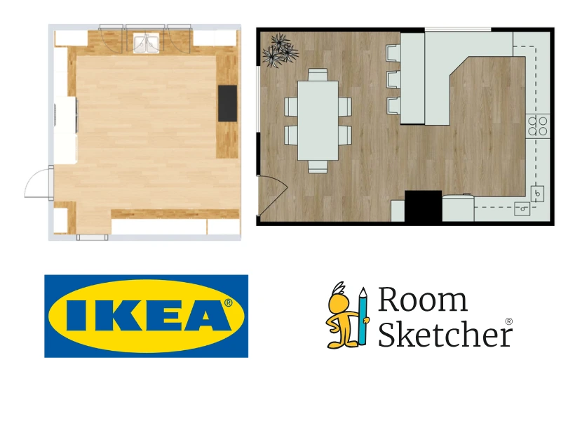IKEA vs RoomSketcher. The image shows a comparison between IKEA and RoomSketcher 2D floor plans. On the left side of the image is a 2D floor plan of a kitchen. The floor plan shows counter top and floor materials. Below the floor plan is the IKEA logo. On the right side of the image is a 2D floor plan of a kitchen made with RoomSketcher. The floor plan shows floor materials and colored furniture. Below the floor plan is the RoomSketcher logo.