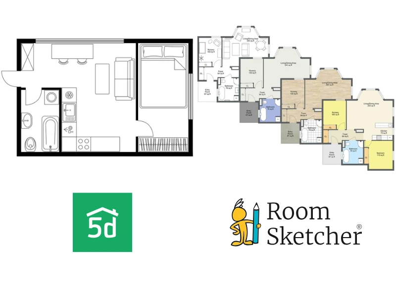 Planner 5D vs RoomSketcher. The image shows the comparison between the two floor plan software tools' 2D floor plans. On the left side of the image is a 2D floor plan made with Planner 5D. It shows a 1-bedroom apartment with an open kitchen, and one bathroom. Below the floor plan is the Planner 5D logo. On the right side of the image is a selection of 2D floor plans made with RoomSketcher showcasing the different types of floor plans users can make. It consists of white-and-black floor plan, standard colors, floor materials, and color-coded floor plan. Below the floor plans is the RoomSketcher logo.
