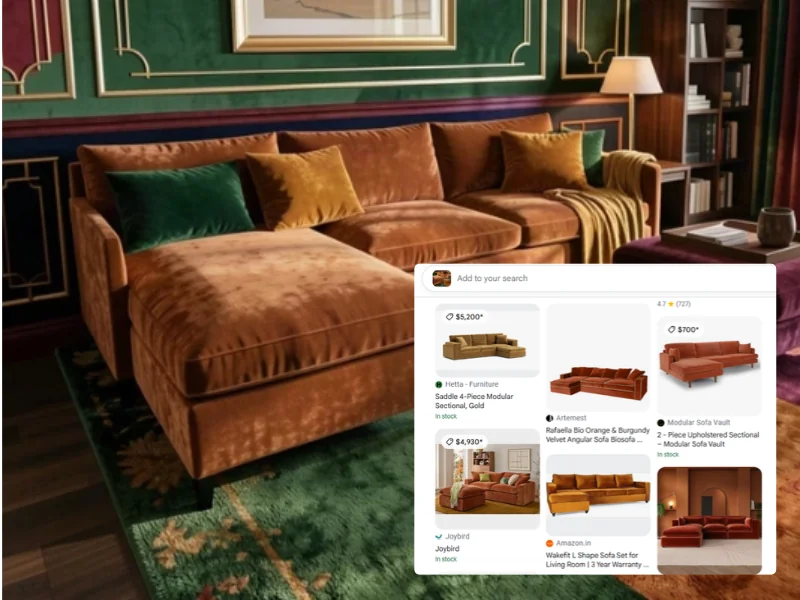 RoomSketcher AI Render of a living room with a brown velvet sectional sofa, alongside Google Lens results showing similar sofas available to buy.