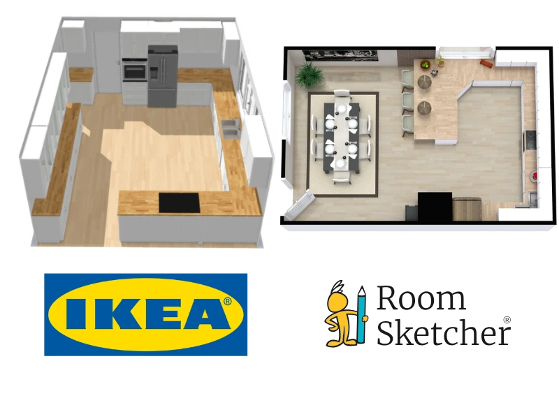 IKEA vs RoomSketcher. The image shows a comparison of 3D floor plans made with IKEA and RoomSketcher. On the left side of the image is a 3D floor plan of a kitchen made with IKEA. The floor plan is seen from the side. Below the floor plan is the IKEA logo. On the right side of the image is a 3D floor plan of a kitchen made with RoomSketcher. The floor plan is seen from above. Below the floor plan is the RoomSketcher logo.
