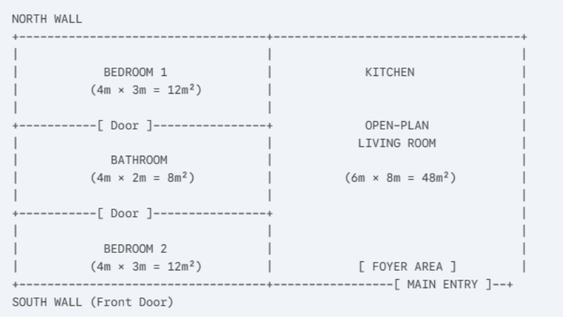 Text-based ASCII floor plan for an 80 sqm, 10m by 8m two-bedroom apartment.