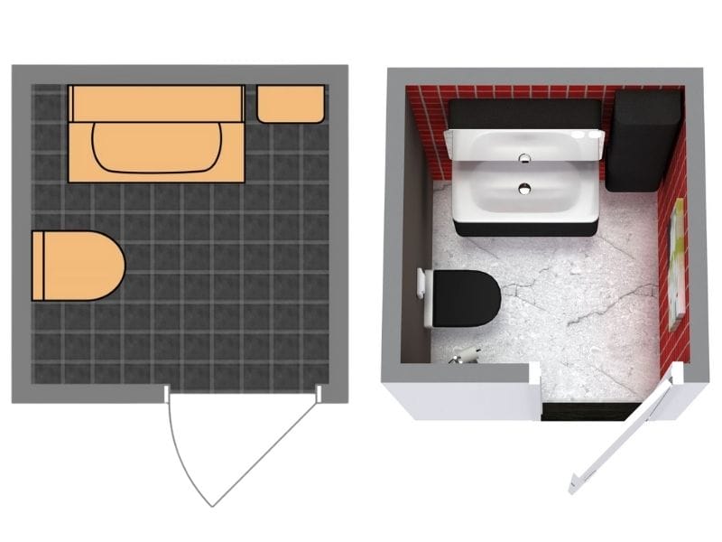Square powder room floor plan shown in 2D and 3D, featuring a toilet and wall-mounted sink with storage cabinet, set against red tiled walls and gray flooring.