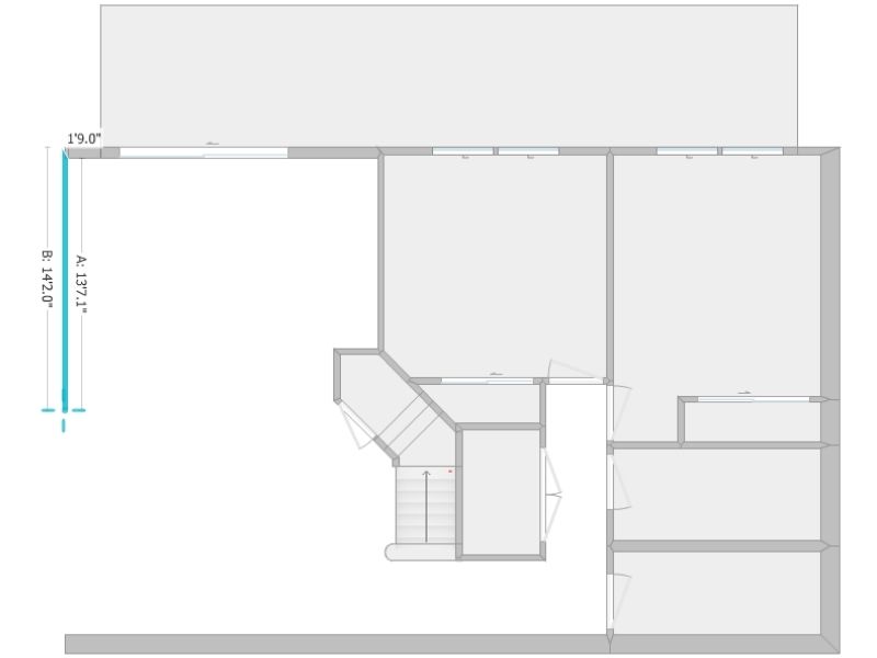 2D floor plan layout of a residential space created in the RoomSketcher app. The plan includes multiple rooms, a central staircase, labeled wall measurements, and exterior balcony space. Measurement lines A and B are shown on the left side, indicating wall lengths of 13'7.1" and 14'2.0", respectively.