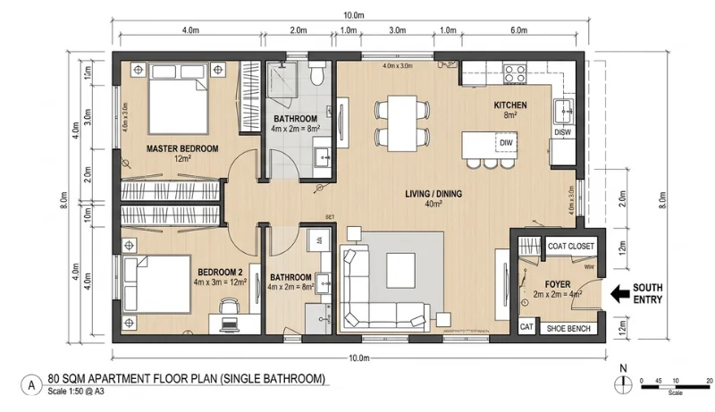 A Gemini-generated apartment floor plan for an 80 sqm “single bathroom” layout. The detailed architectural drawing shows two bedrooms, a large open-plan living, dining, and kitchen area, and a south-facing entry.