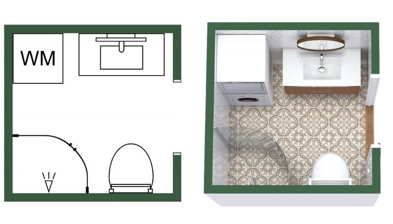 Compact square bathroom floor plan with a washer, wall-mounted sink, toilet, and corner shower. Shown in both 2D layout and 3D view with patterned tile flooring.