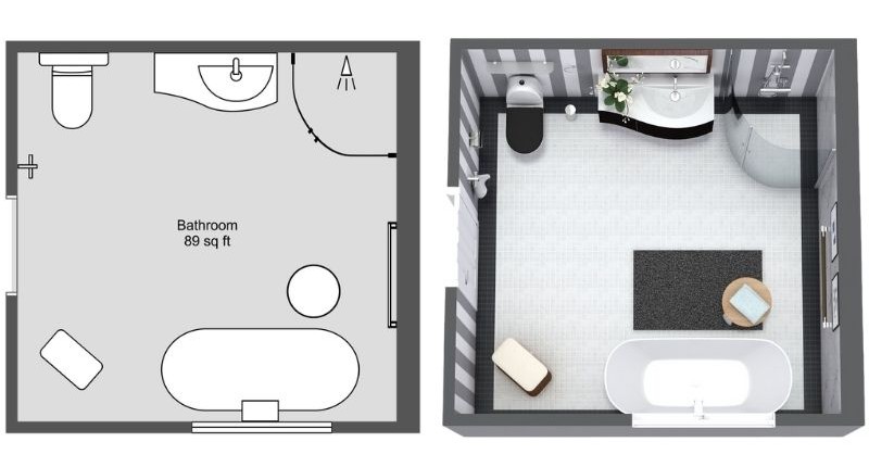 Large square bathroom floor plan, about 89 sq ft, shown in 2D and 3D. Layout includes a freestanding bathtub, walk-in shower, toilet, and curved vanity with sink, styled with striped walls and light flooring.