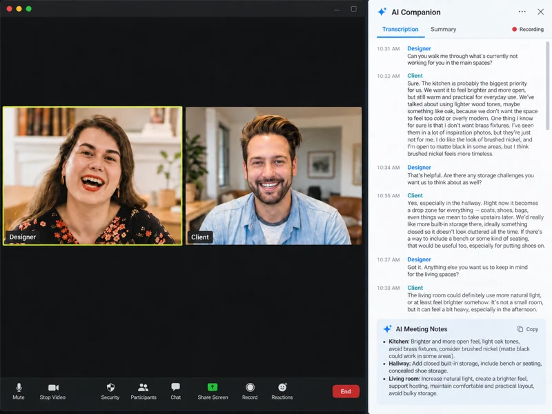 Virtual client meeting with an interior designer and client, showing AI-generated transcription and meeting notes about kitchen, hallway, and living room design preferences.