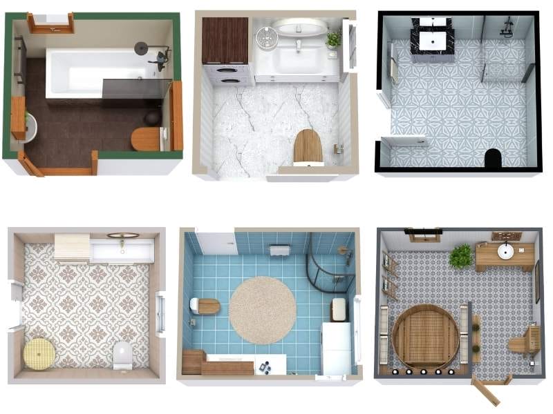 Collection of six different narrow bathroom 3D floor plan designs, each showing unique layouts, fixtures, and tile styles, including bathtubs, showers, vanities, and storage solutions.