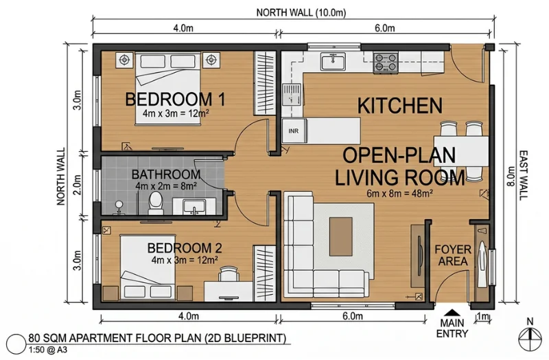 Gemini-generated 2D apartment floor plan for an 80 sqm layout with two bedrooms, one bathroom, and a large open-plan living room and kitchen. The blueprint-style image includes room labels, furniture, measurements, and a main entry on the east side near a foyer area.
