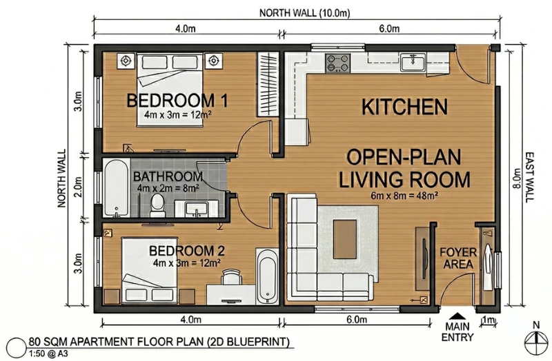 Gemini-edited 2D apartment floor plan for an 80 sqm layout with two bedrooms, one bathroom, and an open-plan living room and kitchen. The edited image incorrectly adds a bathtub inside Bedroom 2, placing it next to the bed in the lower-left room.