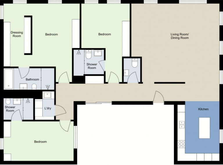 2D floor plan with color-coded zones: light green for bedrooms, light blue for bathrooms and utility areas, beige for shared living spaces, and blue for the kitchen. The layout includes four bedrooms, three bathrooms, a laundry room, a dressing room, an open living/dining area, and a separate kitchen.