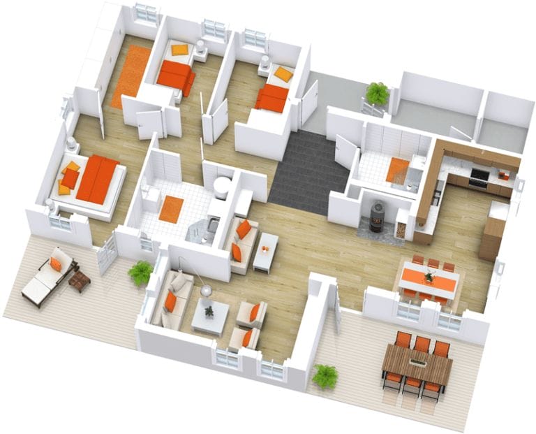 3D floor plan of a furnished home with four bedrooms, multiple bathrooms, an open-plan kitchen and dining area, and two living rooms. The interior features wood and tile flooring, with a consistent orange-and-white color scheme used for furniture and decor.