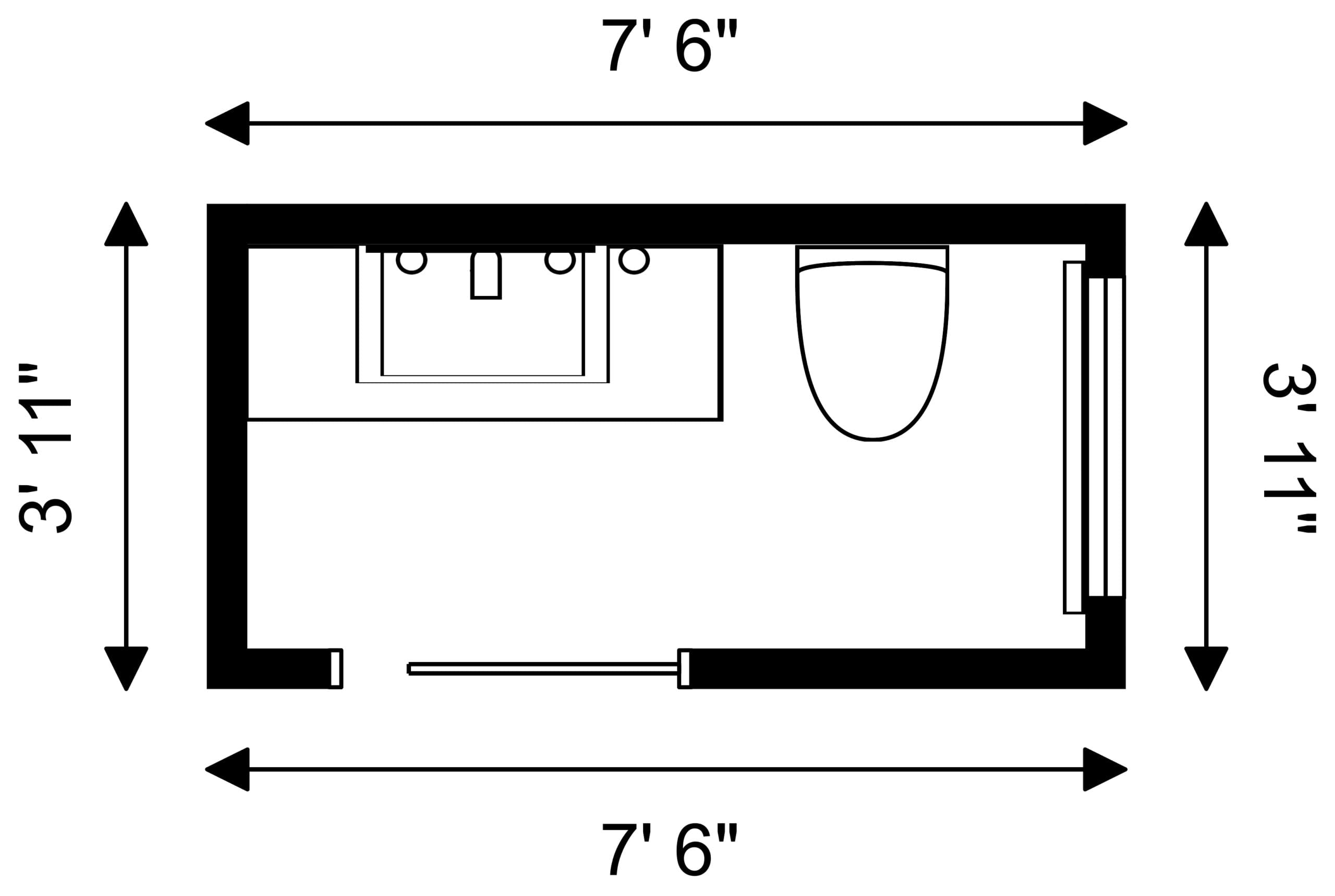 2D floor plan of a rectangular powder room measuring 7’6” by 3’11”. The layout includes a sink with vanity along the left wall and a toilet along the right wall. The entry door opens inward at the bottom of the plan.