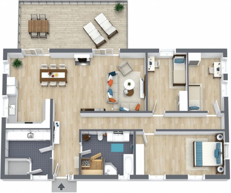 Fully furnished 3D floor plan of a multi-bedroom apartment, featuring realistic furniture and decor throughout. The layout includes a spacious living and dining area, kitchen, bathroom, and three bedrooms. The design also includes a large balcony with lounge chairs and a dining set, giving a complete visual overview of the interior and exterior living spaces.