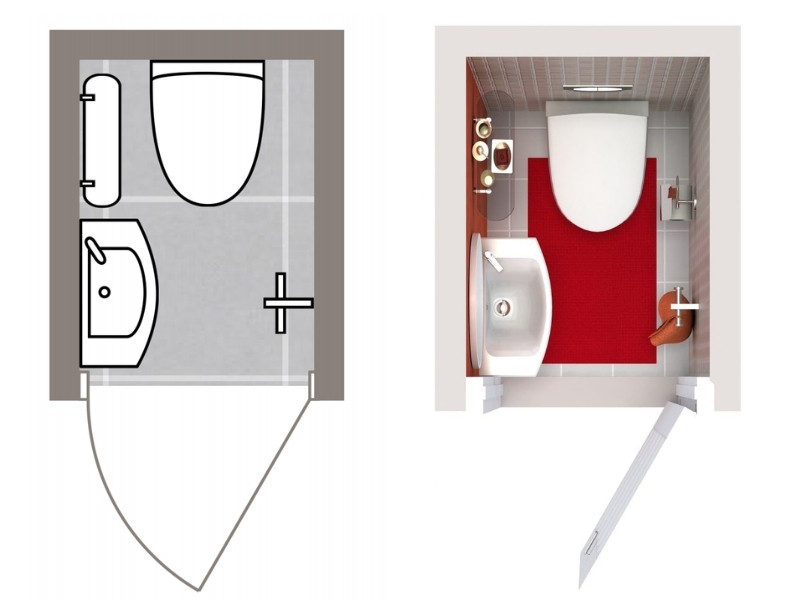 Side-by-side 2D and 3D floor plans of a compact powder room. The layout includes a small sink and a toilet positioned opposite each other, with the entry door opening inward. The 3D view shows light gray tile walls, a red floor mat, wall-mounted accessories, and a modern white sink and toilet.
