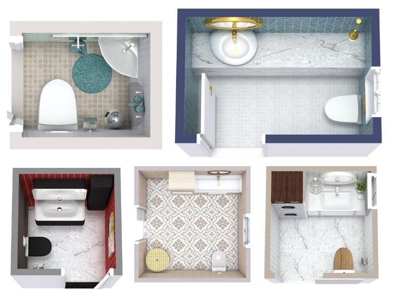 Five 3D powder room floor plan examples, each with a toilet and sink in different arrangements. Designs include square and rectangular layouts with varied finishes such as patterned tile, marble flooring, red accent walls, and modern vanities. Each small bathroom shows unique color schemes and fixture placements.