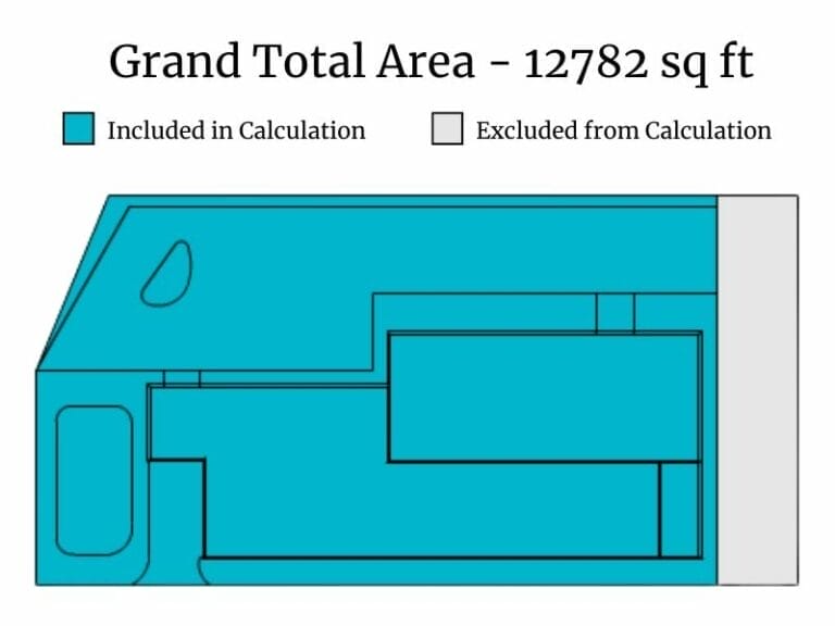 Grand total area preview showing included and excluded areas, with included space highlighted and a total of 12,782 sq ft.