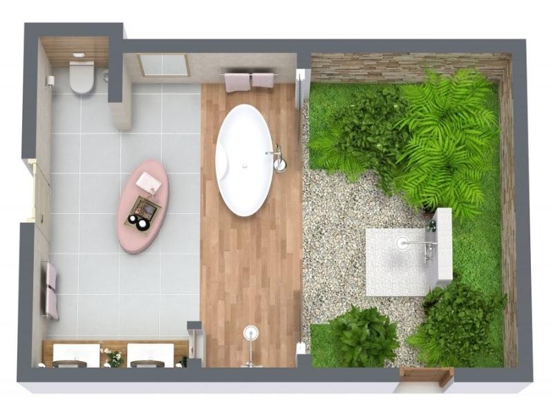3D floor plan of a luxury bathroom with an outdoor extension. The layout includes a freestanding oval bathtub on wood flooring, a toilet in a private alcove, and a double vanity. Sliding doors open to an outdoor shower area with gravel, greenery, and plants for a spa-like feel.