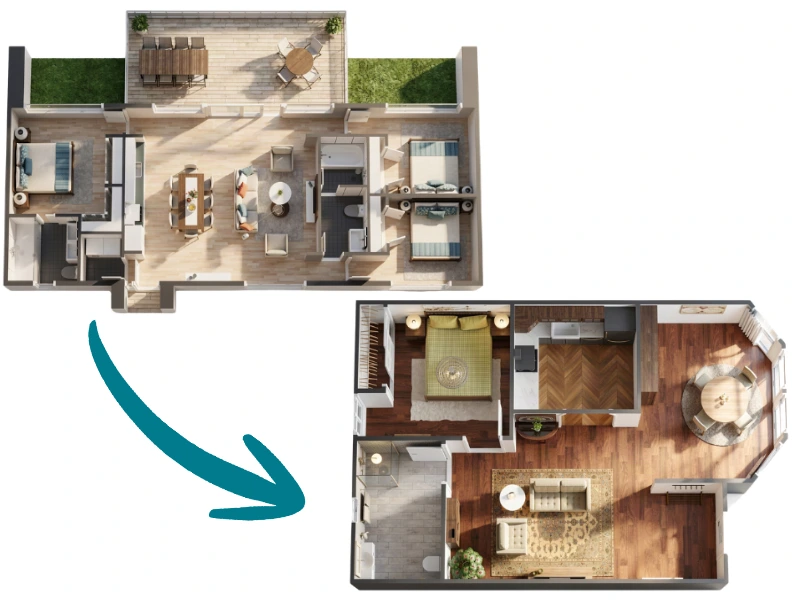 The image shows two 3D floor plans. One on the top of the image of a 3-bedroom house, an arrow pointing down at the lower 3D floor plan of a 1-bedroom house. It represents downsizing for senior movers.