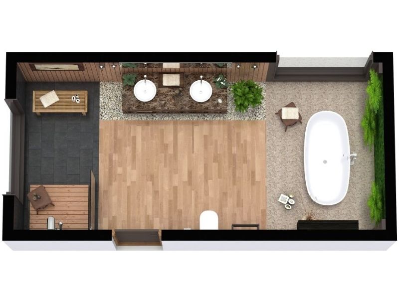 3D floor plan of a luxury primary bathroom with a freestanding bathtub, double vanity with two sinks, wood and stone finishes, indoor plants, and an adjacent sauna area.
