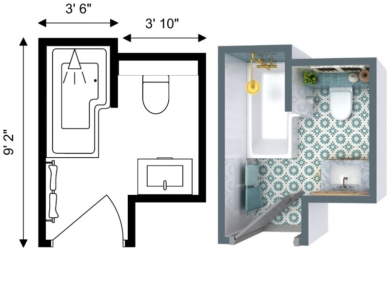 Small bathroom floor plan with dimensions, showing a layout that includes a bathtub and shower combo, toilet, and vanity. The 3D view highlights patterned teal floor tiles, white walls, gold fixtures, and compact storage.