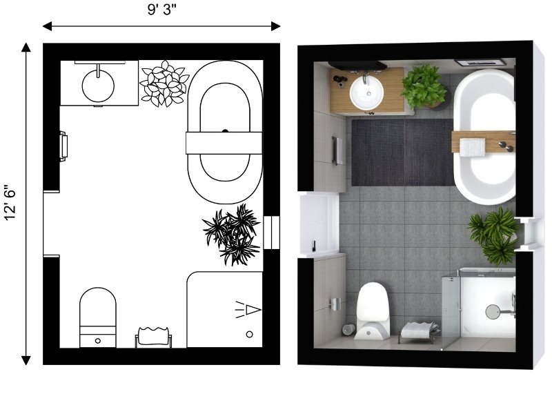 Bathroom floor plan with dimensions, featuring a bathtub with wooden tray, a single sink vanity, toilet, and walk-in shower. The 3D view shows gray tile flooring, light wood cabinetry, green plants, and a modern spa-like style.