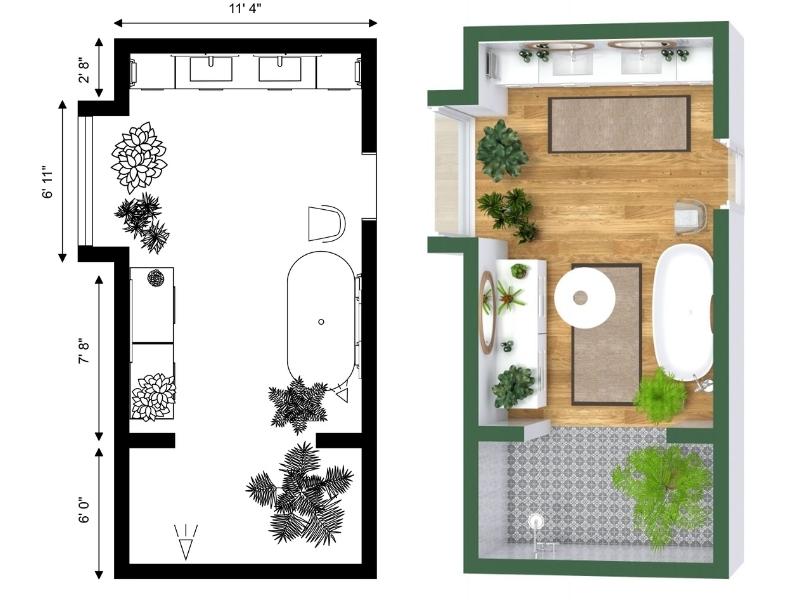 Bathroom floor plan with dimensions, showing a spacious layout with a freestanding bathtub, double vanity, and seating area. The 3D view highlights wood flooring, green accents, patterned tile, and plenty of indoor plants for a fresh, spa-like feel.