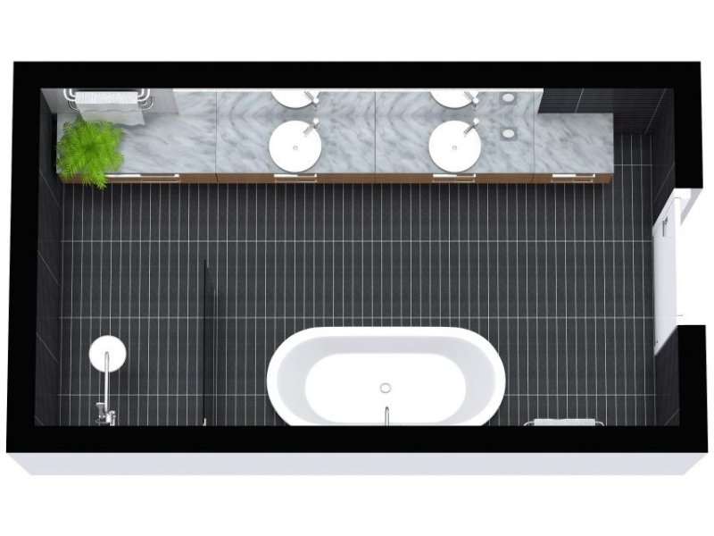 3D floor plan of a modern primary bathroom with a freestanding bathtub, walk-in shower, and a long double vanity with marble countertop and two sinks. The design features dark floor tiles, sleek finishes, and a touch of greenery.