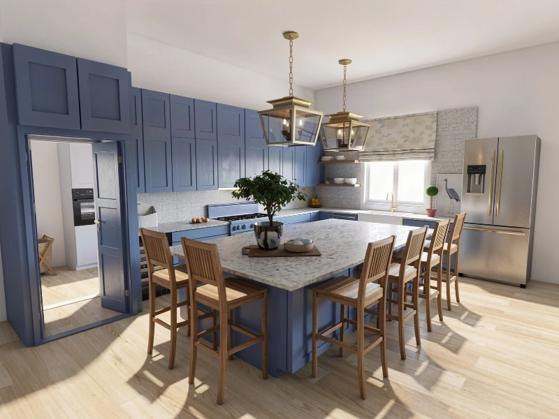 Kitchen with blue cabinets, a large marble-topped island, wooden bar stools, brass pendant lights, and stainless steel appliances.