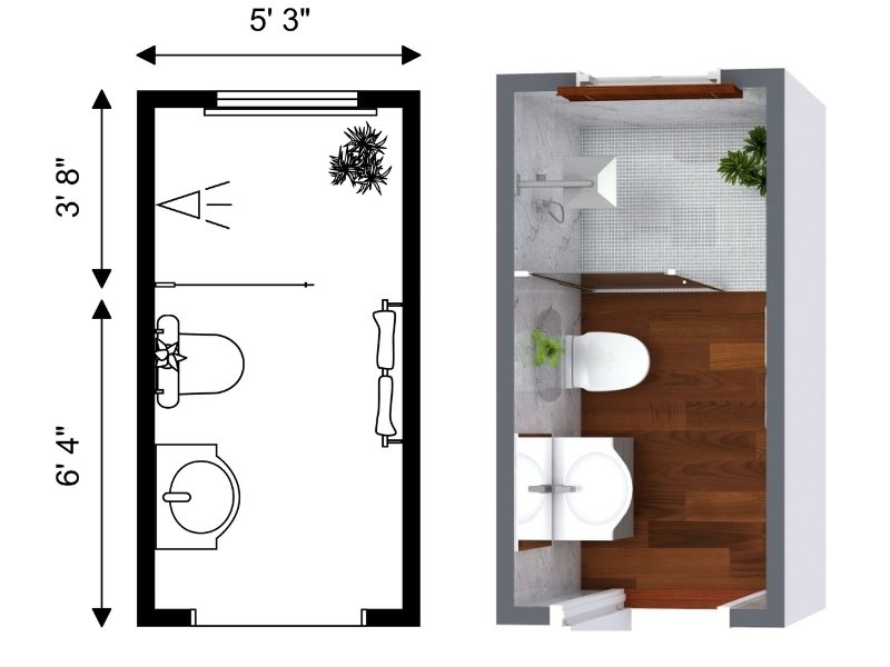 Compact bathroom floor plan with dimensions, featuring a toilet, small vanity, and corner shower. The 3D view shows wood flooring, gray tile walls, modern fixtures, and a touch of greenery for a clean, minimalist look.