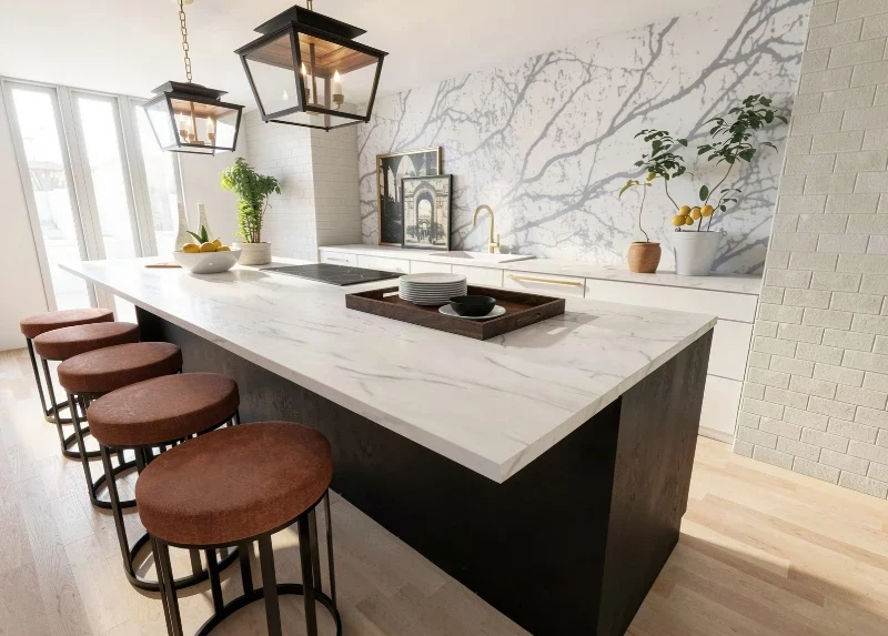 Galley kitchen with a marble-topped island, five brown bar stools, white cabinets, a veined backsplash, and black lantern pendant lights.