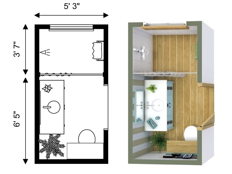 Small bathroom floor plan with dimensions, featuring a toilet, vanity with sink, and a walk-in shower. The 3D view shows wood-look flooring, green accent walls, a light blue vanity, and touches of greenery for a fresh, modern style.