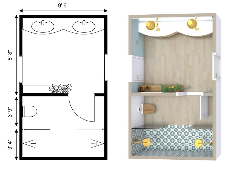 Bathroom floor plan with dimensions, showing a layout with a private toilet room and a double vanity. The 3D view highlights light wood flooring, patterned teal tiles in the shower area, gold fixtures, and built-in storage for a modern, stylish design.