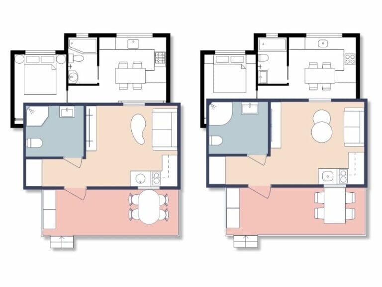 Side-by-side 2D floor plans of the same apartment, showing the same layout with different furniture symbols.