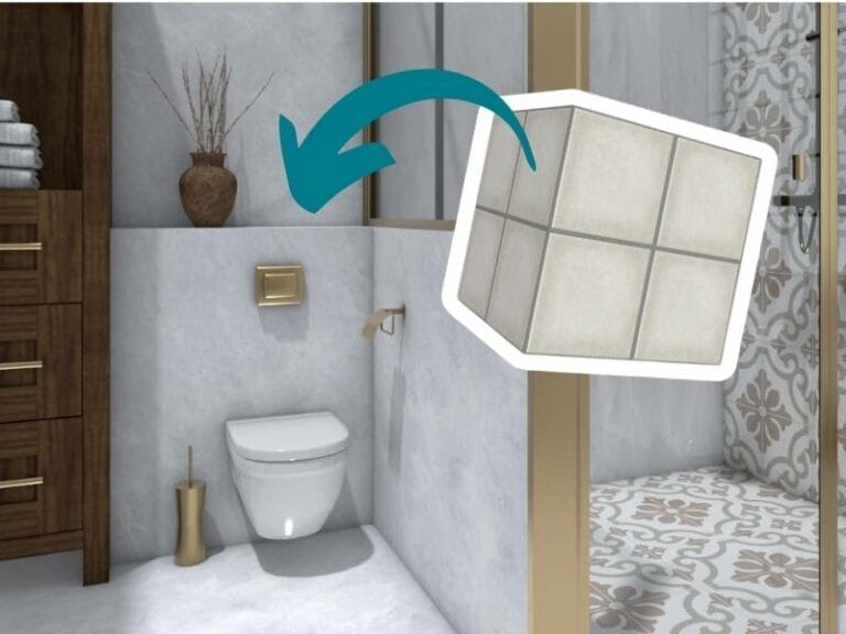 3D bathroom view showing how a custom block is used to add an architectural wall detail.