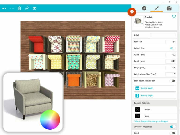 RoomSketcher app interface showing an armchair with different fabric options and size settings, including Replace Materials controls.